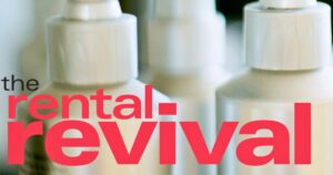 Blog cover image titled "The Rental Revival" by Packserv, featuring equipment rentals as a cost-effective solution for businesses.