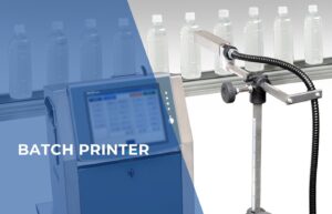 Batch printer applying codes to packaging products in a production environment.