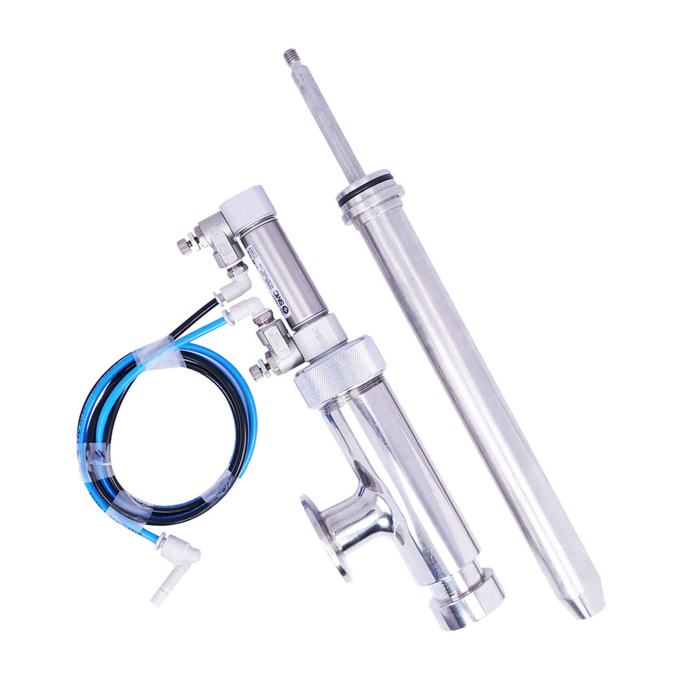 Positive Shut-Off Nozzle with 240mm length, 25mm diameter, and inward-opening mechanism for precise liquid dispensing.