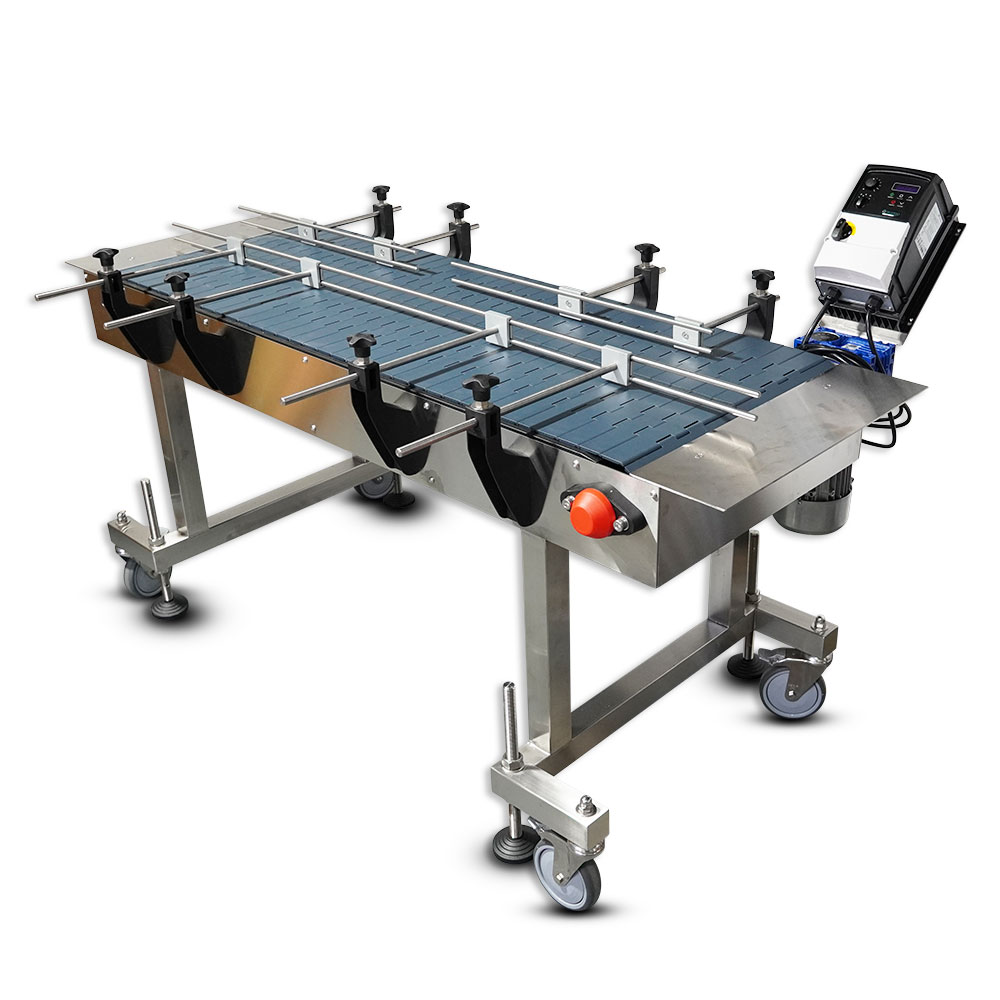 Side angle of 1.5m plastic slat conveyor showing frame, drive system, and adjustable support legs