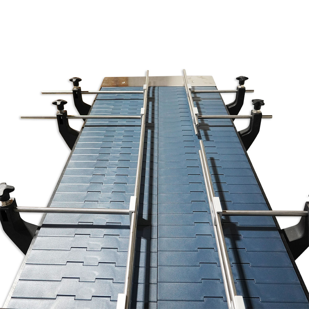 Close-up of 1.5m plastic slat conveyor showing chain belt and adjustable frame structure
