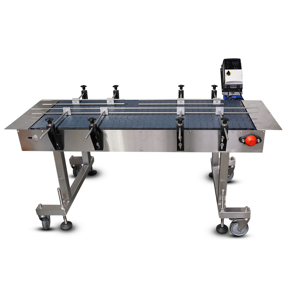 1.5m plastic slat conveyor with adjustable height and custom length options for streamlined packaging processes