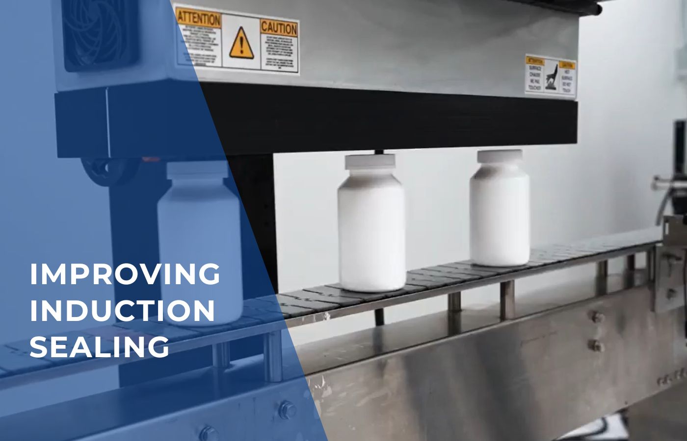A production line performing induction sealing on packaging containers—highlighting advanced sealing machinery in action.